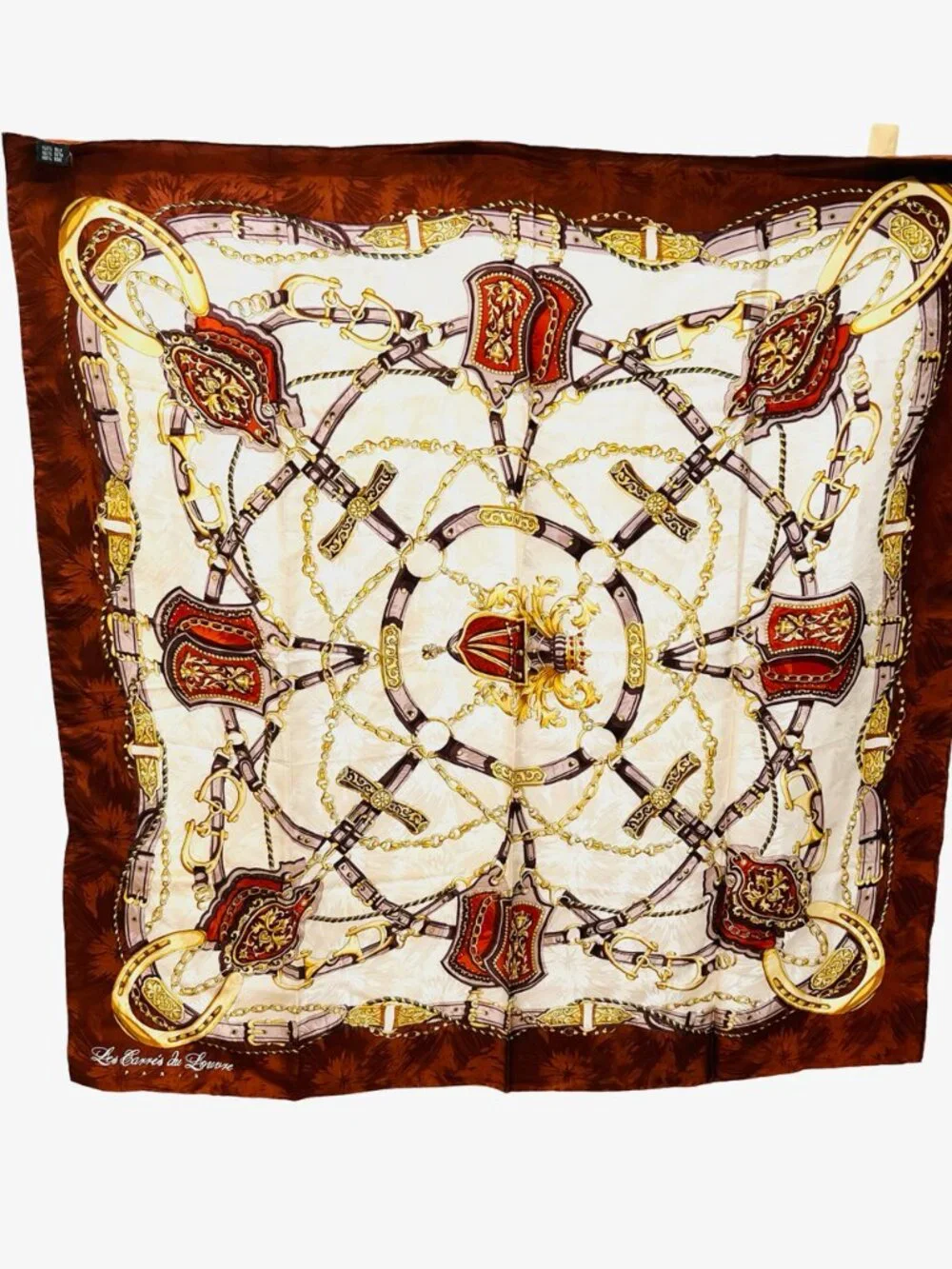 Les Carres du Louvre Paris  Silk Scarf 34" Ivery Brown Burgendy gold chain ( 31) - Picture 6 of 15